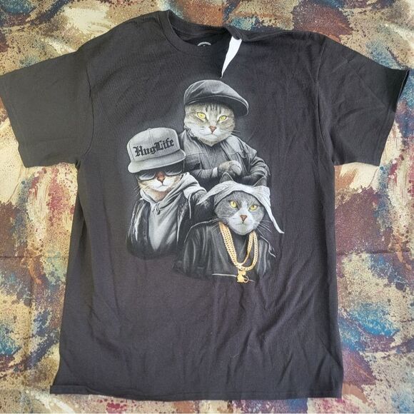 ODM Men T-Shirt Larg Black Cat Trio Hug Life Thug Gangster Graphic Crew Neck NWT - Picture 1 of 15